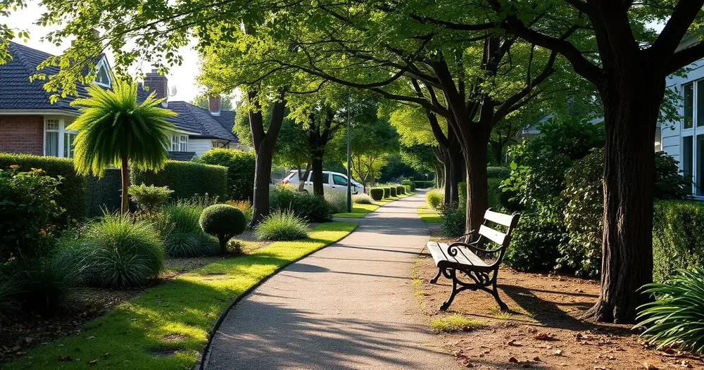 Caminho de jardim com banco de madeira sob árvores em fim de tarde